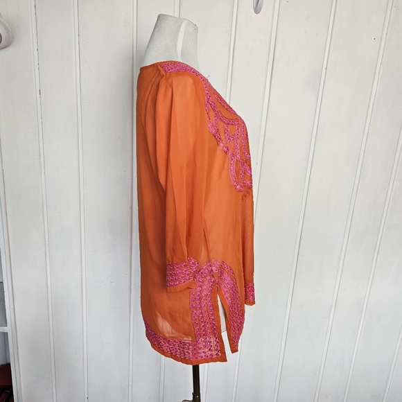 Gretchen Scott XS Orange Pink Sheer Oversized Embroidered BohoTunic Top - Picture 12 of 14